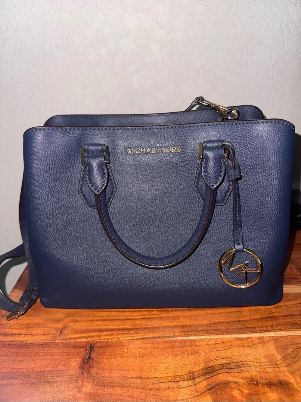 Michael Kors Navy Saffiano Satchel with Gold Accent